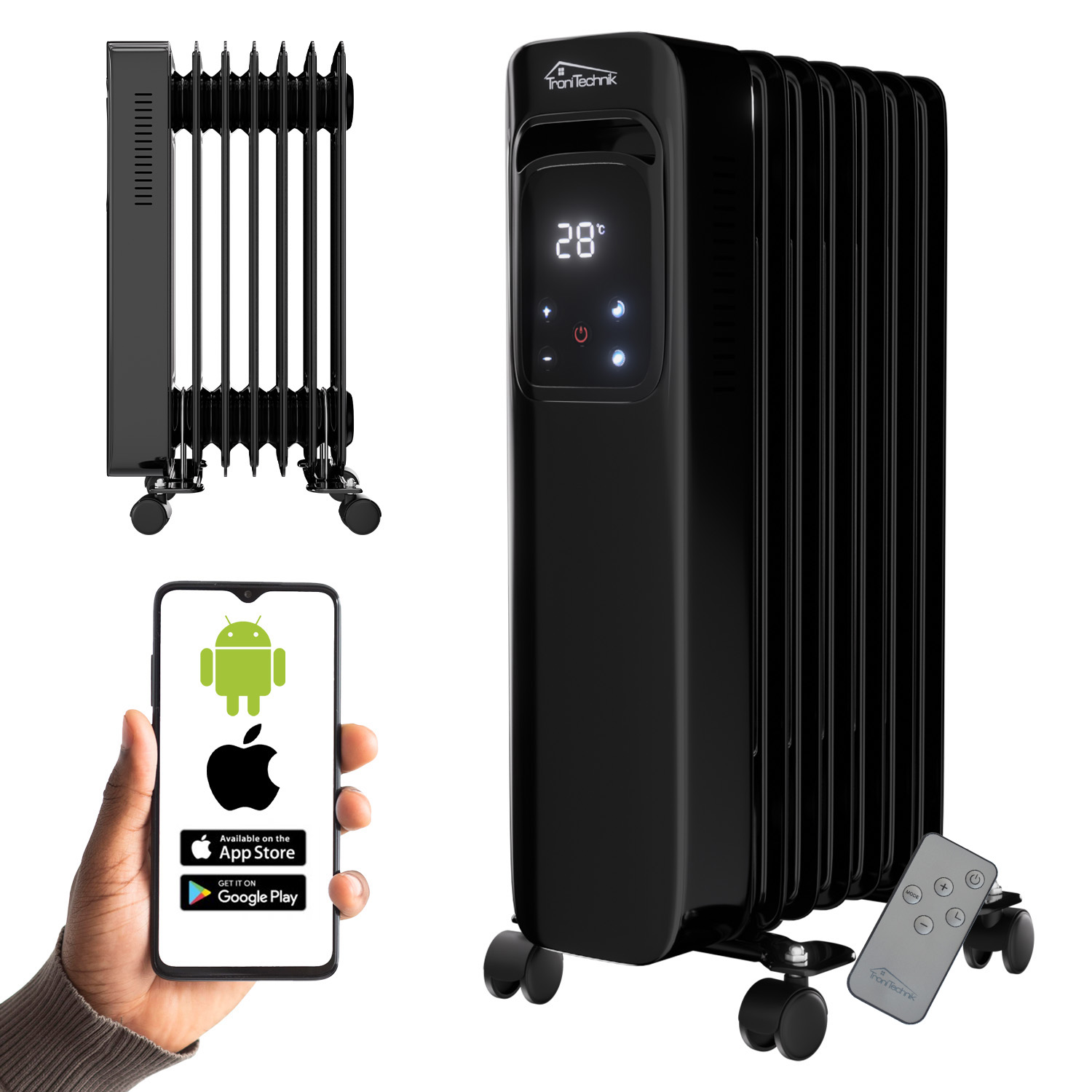Ölradiator, Elektroheizung TT-OR 307 in schwarz mit 7 Rippen und 1500 Watt, drei Heizstufen, mit WiFi 1 898 oelradiator TT OR 307 schwarz 1